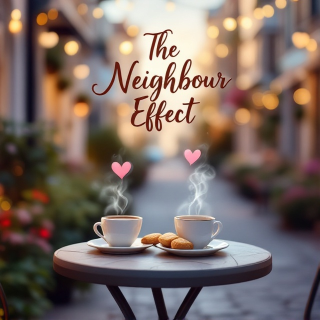 A charming outdoor café setting, with a focus on a small round table with two steaming cups of hot chocolate and a plate of freshly baked scones. The table is set against a backdrop of a picturesque neighborhood street, with soft pastel colors suggesting early evening. The cups have heart-shaped steam rising above them, while fairy lights twinkle in the background.