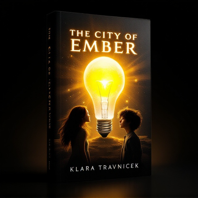 The cover features a large, glowing light bulb at its center that emits a radiant yellow light spreading outward. Surrounding this, the background is predominantly black, creating a stark contrast with the light. Silhouetted against this bright focal point are two figures a girl with flowing brown hair and a boy with tousled black hair, both looking towards the light with expressions of awe and determination.