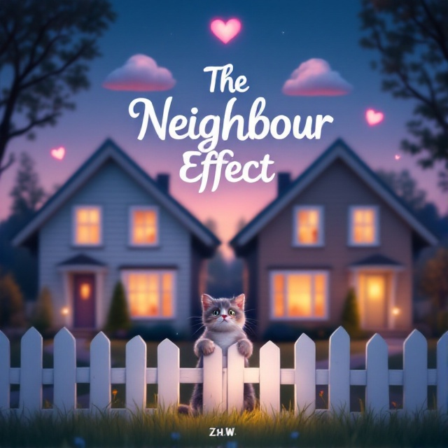 A charming suburban neighborhood setting at dusk with two houses prominently featured side by side. Between them, in the forefront, a cute, friendly cat sits on a white picket fence, casting a playful look. Warm glowing lights from the windows hint at life inside, and a light, whimsical touch is added by a few heart-shaped clouds hanging in the sky.