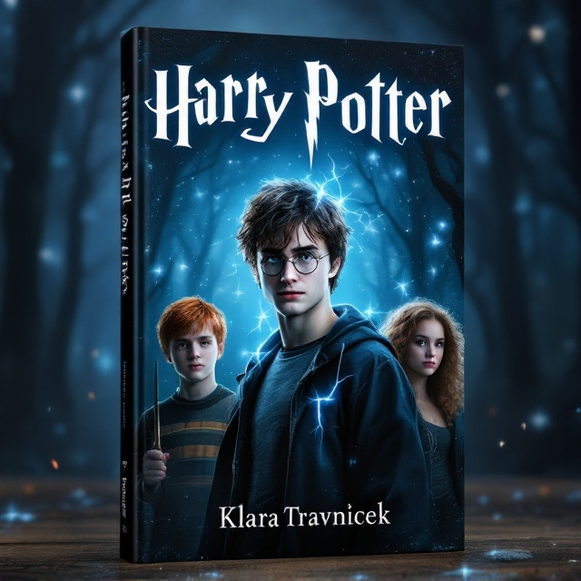 The cover features a dramatic scene where the teen boy with a lightning scar stands prominently in the foreground. He is slightly turned, showing the scar, with a determined expression. Beside him, on his left, is a boy with red hair and freckles holding a wand, while on the right is a girl with brown curly hair. They stand in a mystical forest surrounded by a faint magical aura. The background is an enchanting blend of dark sky blues and magical sparks, hinting at action and excitement.
