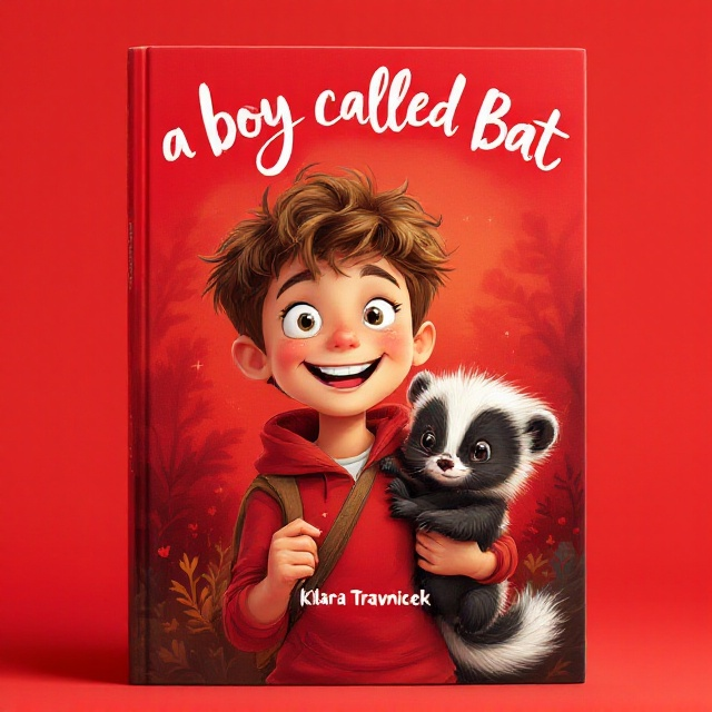 A cheerful and lively illustration of a 9-year-old boy with sparkling eyes, joyfully holding a playful baby skunk in his arms. The skunk has a cheeky expression, and its soft fur contrasts against the boy's bright red shirt. The background is a vibrant blend of various reds with subtle hints of nature, suggesting a joyful scene.