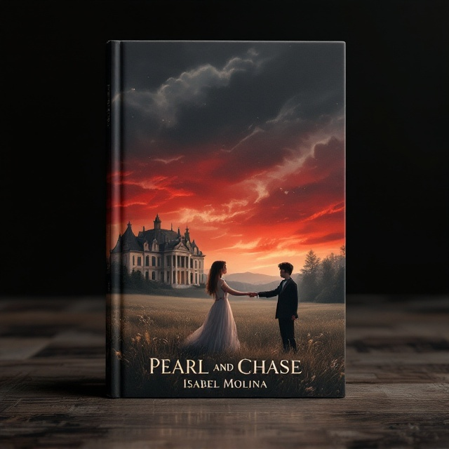 The cover depicts an 18-year-old girl as the central figure, her head turned slightly to the left, capturing a look of worry. To her left stands a grand, opulent house in soft focus, suggesting wealth and standing as a backdrop. To her right, a serene meadow spills into the foreground, meeting her inquisitive gaze. A boy stretches his hand toward her from his horse, imparting a sense of frozen intimacy. The use of a rich dark red sky blends into a gradient of black at the top, with streaks of white clouds and subtle shades of green and blue, adding layers of complexity and mood.