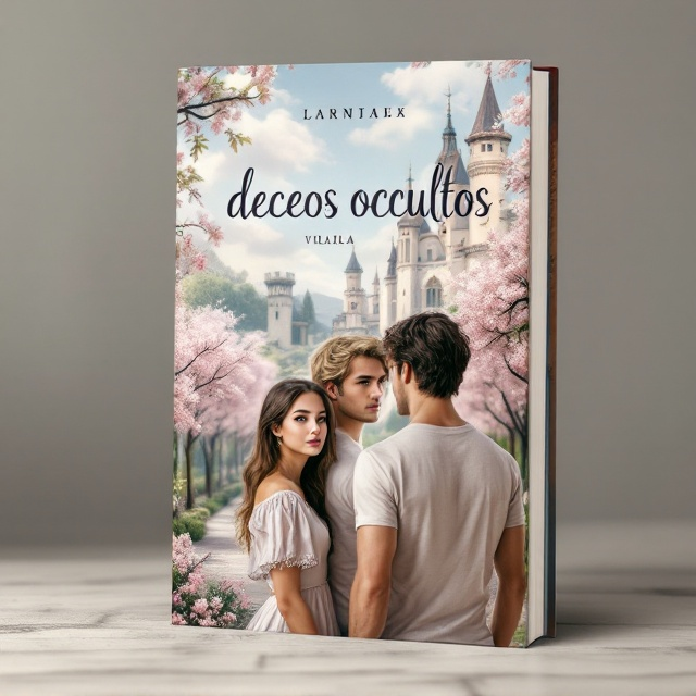 The cover features a dreamy landscape of a charming villa, with streets lined with weeping willows and vibrant cherry blossom trees. A majestic castle is visible in the background. In the foreground, three young characters stand a young woman with light brown hair, fair skin, and blue eyes; a tall, muscular young man with light nearly blond hair, representing royalty; and another young man with slightly tanned skin, dark wavy brown hair, and warm brown eyes, showing a gentle muscular build.
