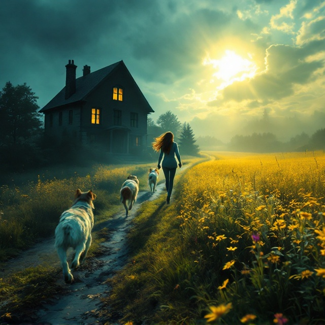 A dark, gloomy house sits prominently on the left third of the cover, partially shrouded in mist. In front of the house, a young woman with her head turned away is depicted running diagonally towards the right, with a young man beside her. His arm reaches towards her, indicating connection. A pair of dogs are shown racing ahead, leading the way toward a vibrant, sunlit meadow that occupies the right side of the cover. Below the ground level of the meadow, a dim, cruel space features a shadowy figure barely discernible. The title "Pearl and Chase" and the author's name "Isabel Molina" appear to float mid-air, gently influenced by a breeze, rendered in a script-like font.