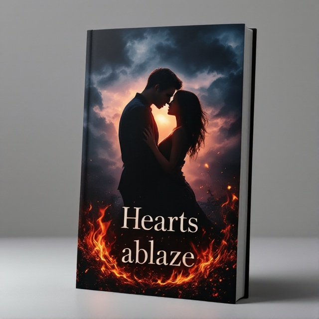 A silhouetted couple in a passionate embrace against a backdrop of a dark, stormy sky. Flickering flames subtly emerge around the edges, casting a warm, provocative glow on the couple. Deep shades of crimson and charcoal dominate, with textures that suggest both a tactile sensation and depth.