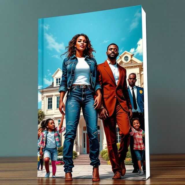 The cover features a dramatically expressive scene. In the foreground, a victorious Black woman stands tall in a fitted t-shirt and jeans paired with stylish heels. She is confidently gazing forward while being held by the waist by a Black man dressed as described, with a mischievous smile. To their right, a Black man in a corporate suit and tie is being led away by two white police officers. Behind them, two children - a boy and a girl - reach out with tears, their expressions filled with distress. In the background, an affluent mansion under a clear blue sky serves as the backdrop. The visual style incorporates a mix of realism and stylized illustration, with bold outlines and vibrant colors including blue, red, white, black, and yellow to evoke strong emotions of irony and drama.