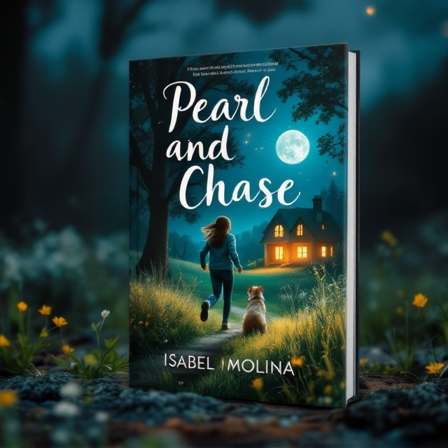 The cover features a split scene. On the left side, there's a warm, inviting house with glowing windows set against a dimly lit background. To the right, a serene meadow with gentle, flowing grass is bathed in moonlight. In the center, a young girl of 20 is depicted in motion, sprinting away from the house towards a boy, who is standing in the meadow. A loyal dog sits calmly at the boy's feet, symbolizing companionship and stability. The backdrop transitions smoothly from the dark intense hues of the house to the calming greens and blues of the meadow.