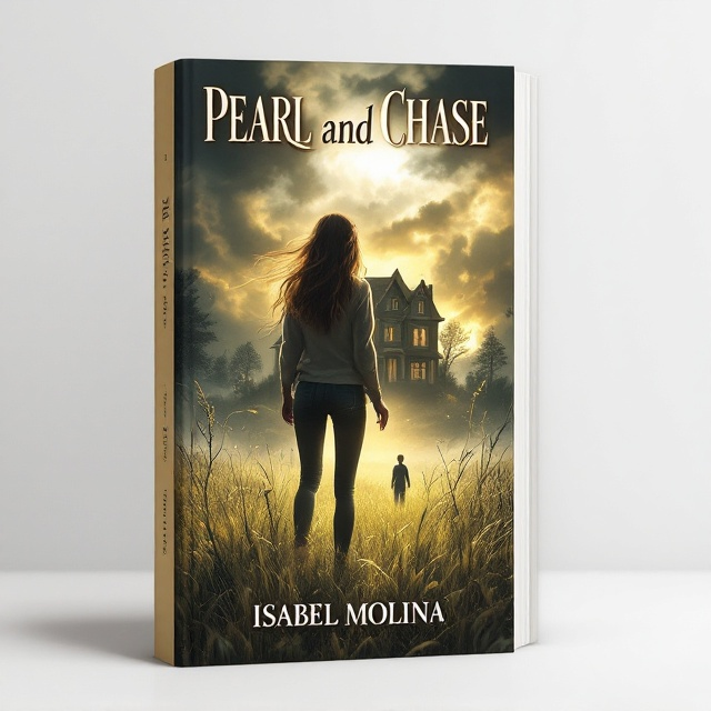 The cover features a young woman standing at the center, her back to a dark, ominous house. She is reaching out towards a bright, inviting meadow with a young man waiting in the distance. The house is shrouded in shadow, emphasizing a sense of foreboding, while the meadow is bathed in warm light, symbolizing hope and escape. The background features wisps of wind, hinting at movement and transition.