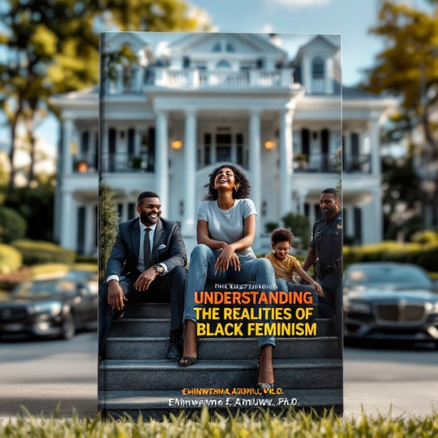 A triumphant and confident black woman sits prominently on the steps of an elegant, sprawling mansion, her laughter evident on her face. She is dressed in a casual yet stylish t-shirt and jeans, complemented by striking heels. In the foreground, a poignant scene unfolds as a dignified black husband, adorned in a corporate suit and tie, is led away by two white police officers. His two children, a boy and a girl, chase after him, their arms outstretched in longing and tears marking their cheeks. The neighborhood is clearly affluent, with manicured lawns and luxury cars in the background. The color palette includes bold blues, reds, and yellows contrasted with black and white elements to highlight the emotions at play.