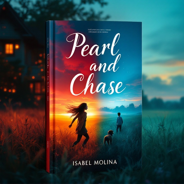 The cover features a split scene. On the left, a warmly lit house in the background with soft, golden lights glowing through the windows, symbolizing comfort yet constraint. On the right, a serene meadow with gentle winds rustling through the vibrant greens and blues. In the foreground, a young girl of about 20 is captured in motion; she's looking back at the house while running towards a boy who stands at the edge of the meadow. The boy is accompanied by his dog. The whole scene is tinged with a dark red hue, adding tension.