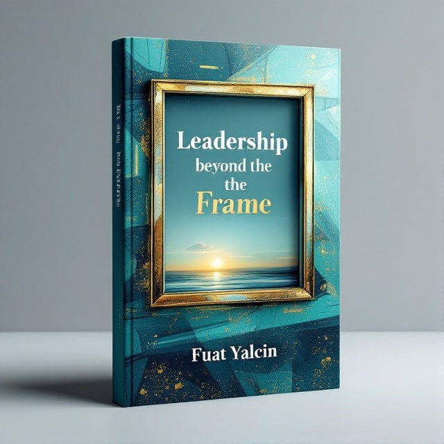 A dynamic abstract frame design that suggests looking beyond the traditional boundaries, using vibrant and uplifting colors such as blues and greens with splashes of gold. The central element features an open frame with a horizon extending beyond it, symbolizing expansive possibilities of leadership.
