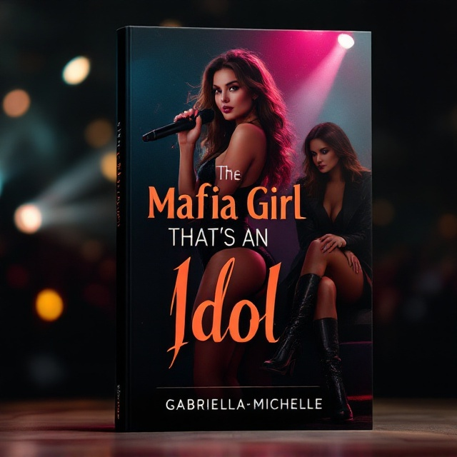 The cover is divided vertically into two distinct sections. On the left side, the stage lights create a vibrant and dynamic atmosphere around a famous girl with brown hair, dressed in a glamorous idol outfit, holding a microphone mid-performance. On the right side, a contrasting darker tone forms the backdrop for the mafia girl, clad in a sleek black dress, leather coat, and thigh-high boots, sitting confidently with her legs crossed and a gun in hand. The transition between these two scenes is seamless yet starkly contrasting, capturing the duality of the protagonist's life.