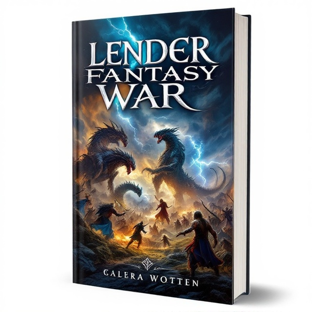 A dramatic scene of a fantastical battlefield with towering mythical creatures and heroic warriors locked in dynamic combat. The background features a swirling sky of dark storm clouds and flashes of magical lightning, casting an intense, otherworldly light on the entire scene.