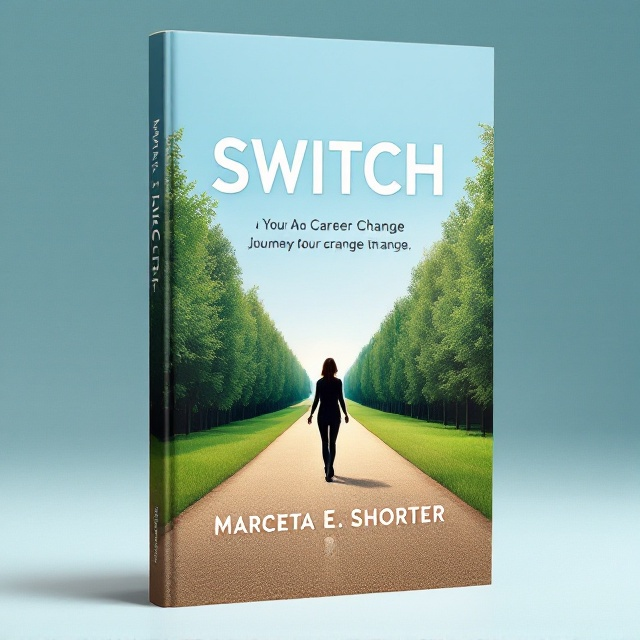 The cover features a pathway surrounded by lush green trees transitioning into a calm blue sky, symbolizing the journey of a career change. In the foreground, a silhouette of a person confidently walking towards the horizon, conveying empowerment and motivation. Subtle beige tones are integrated into the path for an earthy appeal, reflecting balance and growth.