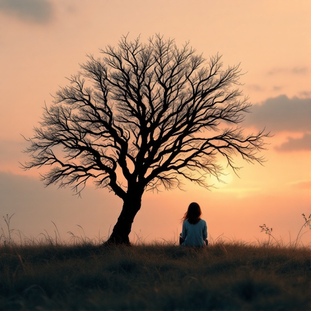 A solitary figure of a girl, Freya, sits under a large, leafless tree, with her back towards the viewer. The horizon is bathed in muted orange and pink hues of sunset, with a slightly cloudy sky, emphasizing melancholy. The shadows are long, and the grass appears gently windswept.