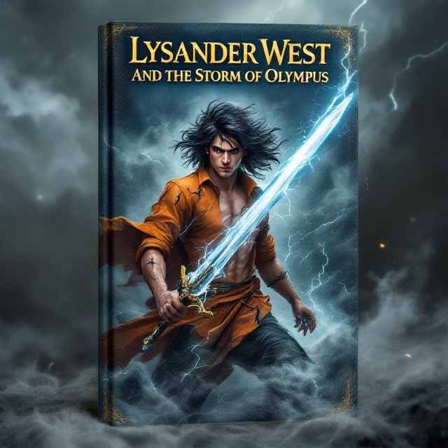 The cover features a dynamic scene centered on a young demigod, Lysander West, amidst a swirling storm. His intense black raven hair flows wildly, contrasting with the chaos around him. Dressed in an orange shirt marred by cuts and scratches, he stands bravely, wielding a gleaming sword. The sword appears to be channeling lightning, with electric bolts crackling around him, illuminating his determined face. The storm clouds are turbulent, with dark shades of grey and flashes of bright lightning, enhancing the essence of an epic battle.