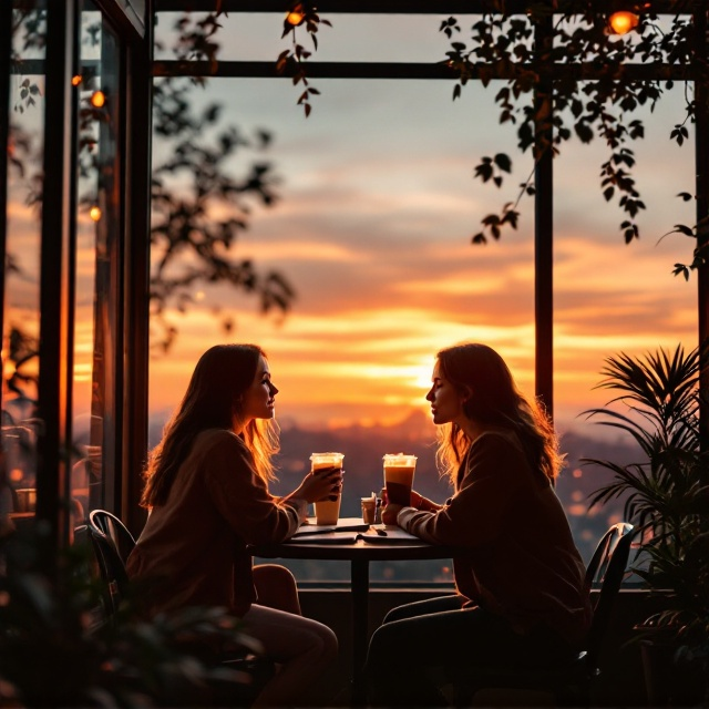 Two young students seated at a small, rustic table in a cozy corner of a coffee shop. Both have iced coffees in front of them. The large glass windows frame a picturesque sunset in the background, with warm hues of orange and pink illuminating their faces. The table has scattered notebooks and pens, hinting at a study session turning into a heartfelt conversation.