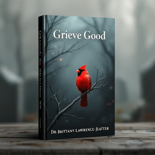 A solitary red cardinal bird perched on a bare, gray branch against a misty, dimly lit background. The bird's feathers have an ethereal glow, creating a focal point that contrasts with the muted tones around it. The background depicts a subtle, blurred cemetery scene to evoke the themes of grief and loss. Soft shadows and diffused light add to the somber yet serene ambience.