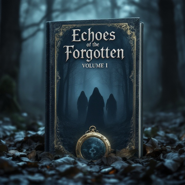 Dark, misty forest in the background with shadowy, indistinct figures peeking through the trees. In the forefront, a weathered, antique locket half-buried in fallen leaves, slightly opened to hint at something concealed within. The colors are muted with deep blues, blacks, and hints of ghostly white to create a chilling atmosphere.
