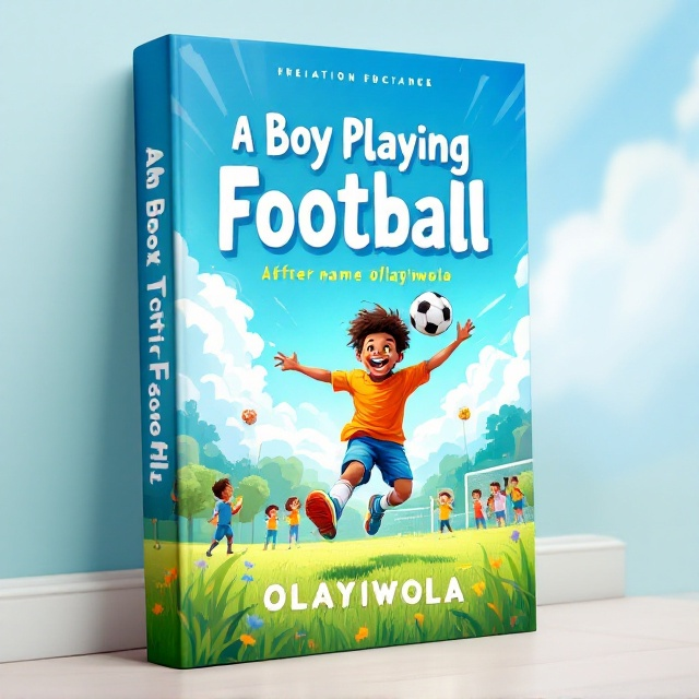 A vibrant, illustrated scene featuring a joyful boy, energetically kicking a football across a lush green field. The sky is a radiant blue with fluffy white clouds, and the football is mid-air with dynamic motion lines to show movement. In the background, distant goalposts and a few cheering children create an atmosphere of enthusiasm and teamwork.