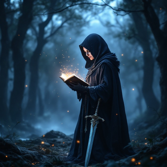 A brooding, atmospheric forest scene fills the background, diffused in twilight hues of deep blue and silver. In the foreground, a mysterious, cloaked woman stands with her profile slightly turned, holding an ancient, glowing book in one hand while a shining sword leans against her other side. The light radiating from the book casts a soft glow onto her face and the ground around her. Faint, swirling ethereal patterns drift in the air, hinting at magical energy.