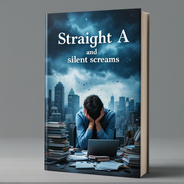 A dark, stormy sky at the top of the cover, symbolizing inner turmoil, with a blurred cityscape below representing society. In the foreground, a figure sits at a cluttered desk piled with textbooks, papers, and a laptop, their head buried in their arms suggesting overwhelming stress. Faint whisper-like elements float around the figure, symbolizing silent screams.