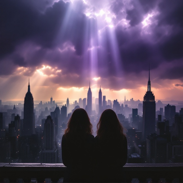 A dark, moody cityscape of 29th-century New York looms in the background under a stormy, oppressive sky. In the foreground, two silhouettes of young women stand with their backs to the viewer, their heads tilted slightly towards each other in a silent rebellion. Shafts of light break through the clouds, casting a hopeful glow on hidden rainbow pins peeking from beneath their dark clothing. Overhead, the sky is tinged with deep purples and midnight blues, hinting at both conflict and hope.