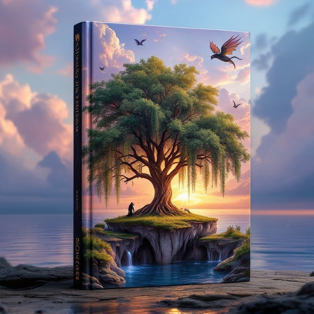 The cover features a breathtaking twilight scene. Soft pastel colors of pink, lavender, and gold blend seamlessly as the sky transitions into a vibrant twilight. The serene sea beneath reflects the opalescent clouds with a touch of magic. At the top, a medium-sized dragon with shimmering light yellow gold and Russian purple scales soars elegantly through pastel clouds, catching sunlight on its scales. In the middle, a huge willow tree stands majestically with cascading branches. An obsidian black and platinum silver dragon lands beneath the tree, amidst lush greenery. Hidden caverns in the foreground suggest endless adventures.