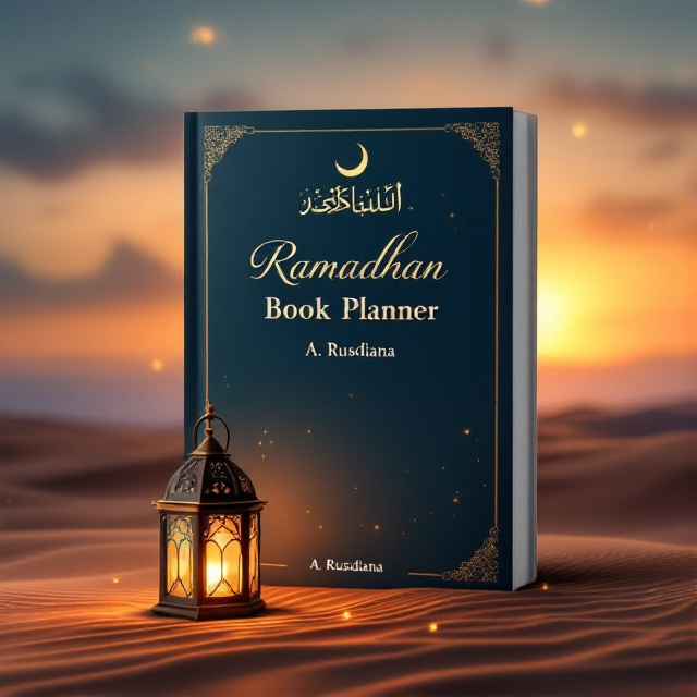 A serene sunset over a tranquil desert landscape with a crescent moon in the sky, symbolizing the beginning of Ramadhan. Subtle golden ornaments and accents suggest spirituality and warmth. In the foreground, a silhouette of a traditional lantern is placed, evoking the ambiance of the holy month.