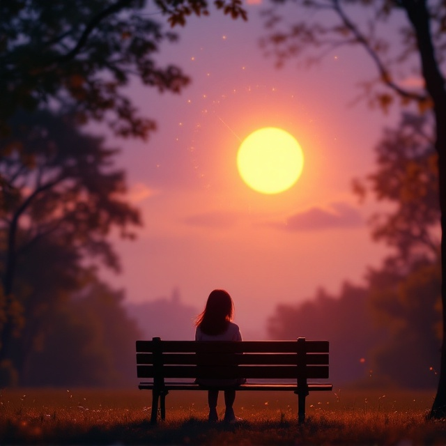 The cover features a serene park scene in the late afternoon. A silhouette of a girl is sitting contemplatively on a bench in the foreground. Above her, in the sky where the sun is setting, a holographic clock appears, seamlessly integrated with the sun. The sun and the clock are of the same size, radiating hues of golden orange and soft purple, typical of an afternoon. The entire cover has a gentle, nostalgic glow, with soft focus edges to evoke a dreamlike memory.