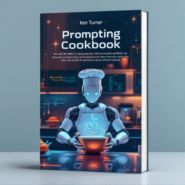 The cover features an AI robot chef wearing a toque, holding a mixing bowl filled with swirling lines of code. Behind the chef, a digital kitchen countertop is filled with futuristic cooking gadgets like a 3D food printer and smart oven, all set against a gradient background using the primary color preference of #2b7075. Sparks of light emanate from the countertop, symbolizing inspiration and creativity in AI prompting. In the top left corner, small icons of circuit patterns add an extra layer of technological depth.