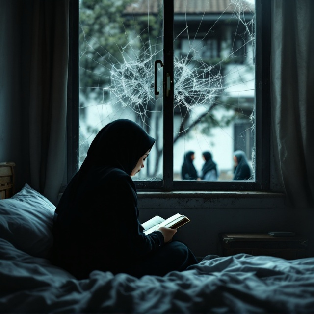 The cover features a close-up view through a window with cracked glass, providing a view from the inside of a room. In the foreground, a high school girl wearing a hijab sits on her bed, focused on writing in her diary. Visible through the cracked window are two mothers and a father, both wearing hijabs, engaging in a heated argument outside the room. The room is bathed in dim light, enhancing the somber mood.