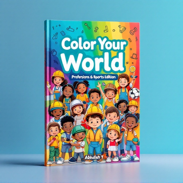 A playful, vibrant design featuring a collage of illustrated children engaged in various professions and sports. Each child is depicted in a playful pose, emphasizing diversity and inclusivity. The background consists of a rainbow gradient, enhancing the lively and bright theme. Doodles of tools and sports equipment are scattered around to add an extra layer of engagement.