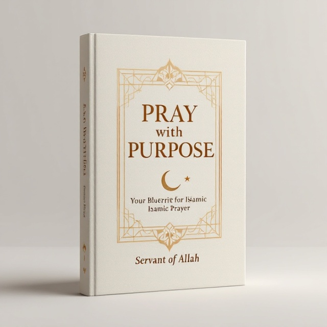 A minimalistic cover with a soft-beige background symbolizing tranquility. At the center, an abstract, intricate geometric pattern, reminiscent of Islamic artistry, is subtly embossed. The title "Pray with Purpose" is placed centrally, encased in a golden frame that elicits a sense of guidance and sacredness. Below the title, a delicate silver crescent moon with a star rests, subtly symbolizing the night prayer tradition in Islam.