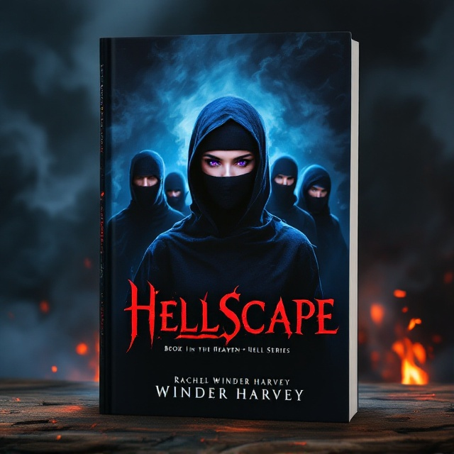 A dark, atmospheric portrayal of a mythical underworld where a striking, short woman with midnight blue hair and vivid purple eyes stands at the forefront. She's encompassed by five men shrouded in shadows, with one distinct man prominently wearing a black balaclava mask. Eerie smoke and flickering flames form the backdrop, invoking a sense of being in hell.