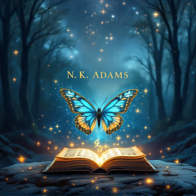 The cover features a shimmering forest landscape under a twilight sky, with radiant stars spread across the horizon. In the foreground, an ethereal blue and gold butterfly hovers above a mysterious, ancient book with glowing, runic symbols gently floating away. The scene is dotted with floating wisps, bringing a fantastical aura to the visuals.