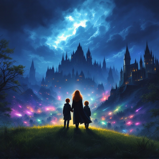 The cover depicts a mysterious nighttime scene with the main girl and her group of friends standing on a grassy hill. The girl is in the center, with a ginger-haired boy holding her left hand and a bright blonde boy holding her right hand. Below the hill, the battle at Hogwarts is unfolding with vibrant, colorful spells being cast. Dark clouds loom above, and a shadowy figure of a dark wizard can be seen in the distance overseeing the chaos. The outlines of Hogwarts fade into the dark blue sky, and glimpses of green light hint at magical battles within.