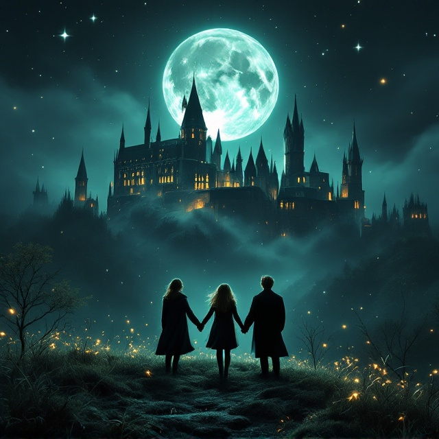 The cover features an intense night scene set on a hilltop. The main 17-year-old girl stands centered, holding hands with Ron Weasley on her right and Draco Malfoy on her left. They gaze towards Hogwarts in the distance, in chaos with spells visually ricocheting across the scene. The moon, large and luminous in the dark sky, hangs above Hogwarts, subtly revealing the silhouettes of seven figures. Deep shades of black, blue, and green dominate, creating a mysterious and tense atmosphere, while subtle hints of magic-light trace around the characters to evoke an enchanting romance and mystery.