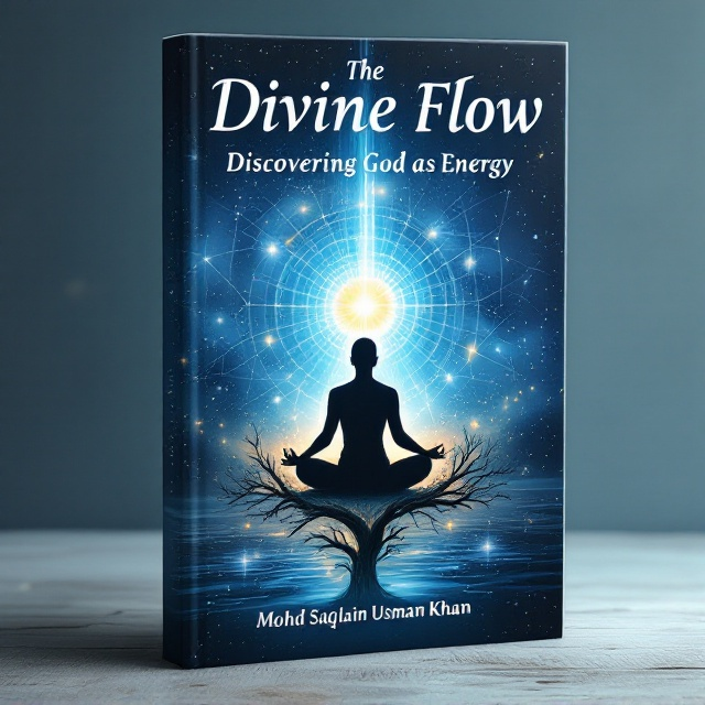 A serene human silhouette in a meditative pose is centered, surrounded by cosmic patterns and interconnected lines emanating from a brilliant light aura. The silhouette is rooted to a tree, with delicate branches extending upwards, blending seamlessly with the cosmic backdrop. The tree's leaves transition into flowing energy patterns that diffuse into the universe. The bottom of the cover features subtle elements of sun, water, and leaves, creating a harmonious blend of nature and energy.