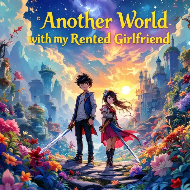 The cover features a vibrant and dynamic anime-style illustration of a fantastical world. The scene is brimming with colorful, otherworldly landscapes, such as floating islands and lush forests. In the foreground, a confident high school boy and a spirited girl stand poised, each wielding ornate swords. They gaze into the distance, suggesting a sense of adventure and partnership. Magical creatures and elements of whimsy surround them, enhancing the fantasy atmosphere.