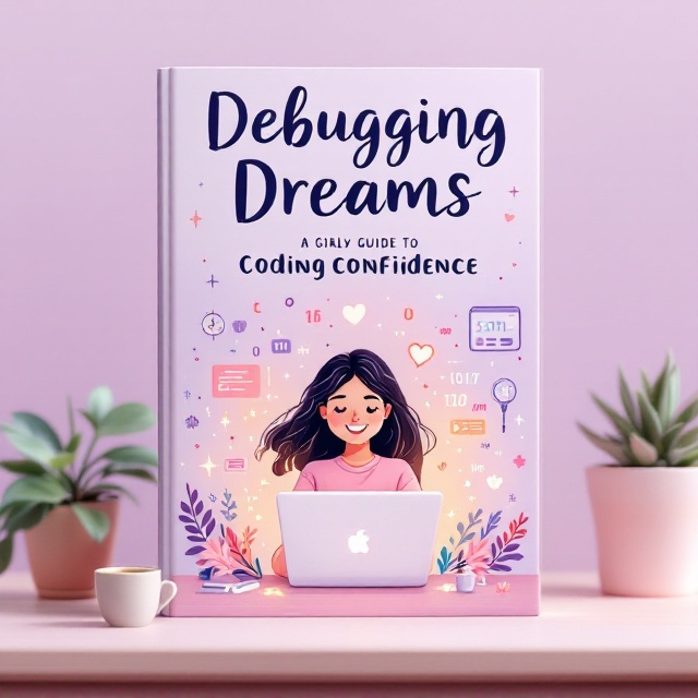 Light pastel background with a soft lavender hue. In the center, a joyful girl is illustrated sitting at a laptop, with her screen emitting a glowing array of colorful, magical code snippets. The scene is surrounded by whimsical elements such as gentle sparkles, a heart-shaped circuit, and small binary numbers. Subtle florals and tech-related icons are scattered playfully. A floating coffee cup and a tiny potted plant add to the cozy vibe.