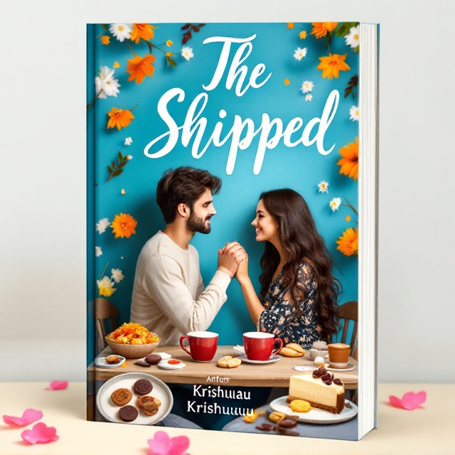 The cover showcases a loving couple on a cafe date, intimately holding hands across a small table adorned with vibrant elements. Scattered around them are fudge pieces, biryani in a chic bowl, buttercup flowers, cookies, slices of cheesecake, and two steaming mugs of hot chocolate, all set against a serene blue background that conveys romance and warmth. The visual captures a harmonious moment exuding love, with elements carefully positioned to frame the couple at the center.