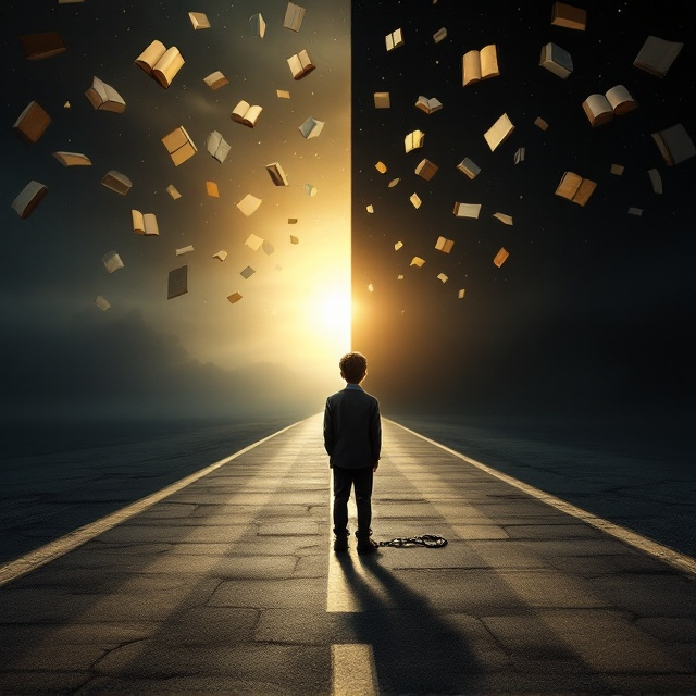 An ethereal and imaginative depiction of a crossroad, with the left path adorned with open books floating above, symbolizing wisdom leading to the horizon where the sun rises, indicating freedom. The right path is shadowed, with creeping darkness and bars illustrating imprisonment. A schoolboy wearing a typical school uniform stands at the forefront of the intersection, with a ball and chain clasped to his ankle. The key for his liberation is subtly placed at the start of the book-laden path. The background transitions from dark tones on the right to bright, warm hues on the left.