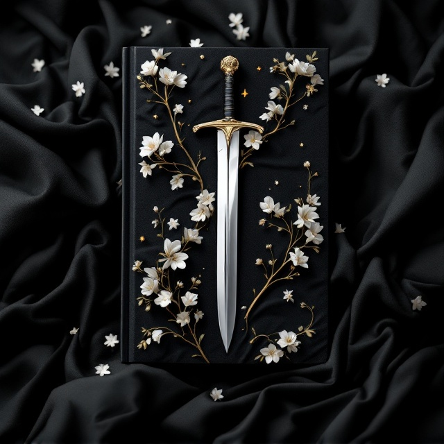 The cover features a textured black cloak with intricate folds, creating a sense of depth. White flowers are beautifully embroidered across the cloak, their delicate silk-like sheen contrasting against the dark fabric. A finely-crafted sword lies diagonally, partially sheathed within the folds, its polished blade reflecting soft light. Near the title, subtle symbols representing the four elements—fire, water, earth, and air—are integrated seamlessly into the design, adding an enigmatic aura.
