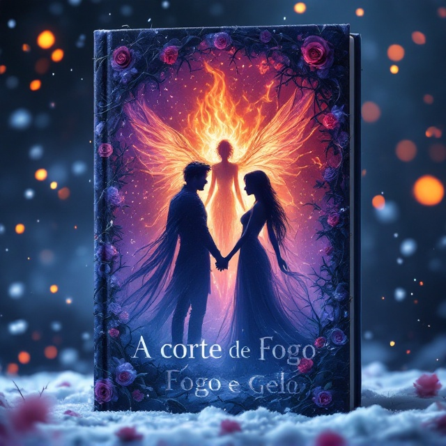 The cover features a border made of thorny roses that wind around the edges, reminiscent of an ethereal barrier. Within this frame, silhouettes of a Faerie man and woman stand prominently, set against a soft yet haunting backdrop of falling snow. Behind them, a fiery Faerie figure subtly emerges, creating a captivating contrast between cold and warmth. The primary colors of blue and purple dominate, blending seamlessly to evoke a mystical fantasy aura.