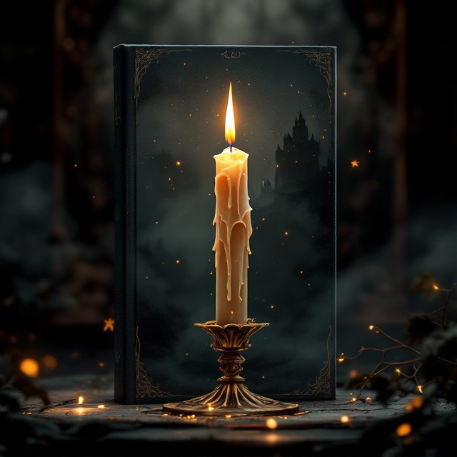 A dimly lit scene showcasing an intricate wax-dripping candle as the centerpiece, casting long shadows on an ornate background. The backdrop features faint outlines of a grand, decaying English estate, partly obscured by mist, suggesting hidden secrets. Scattered around are subtle hints of art deco patterns, suggesting both elegance and an underlying tone of eccentricity.