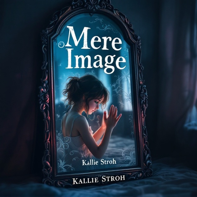 The cover illustrates a dimly lit bedroom with a large, antique full-length mirror taking center stage. The mirror has an intricate frame with floral carvings. The 12-year-old girl with unruly brown hair and striking green eyes is gently touching her reflection, causing swirls in the mirror's glass. The background is a soft blend of dusk blues and purples, casting a mysterious yet inviting aura.