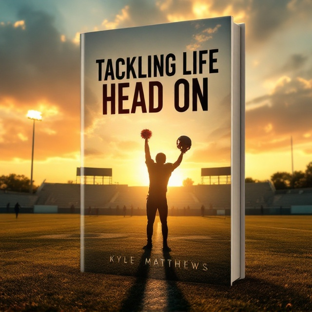 Against a backdrop of a football field under the golden hues of a setting sun, Kyle Matthews—depicted in silhouette—stands with his helmet in one hand and the other hand lifting up towards the sky as though embracing the world around him. The figure of Jessica can be subtly seen in the foreground, with a pom-pom, adding depth to Kyle's journey. Shadows of teammates can be seen on the field, with the stadium's empty bleachers in the distance, symbolizing moments of reflection and the promise of future games.