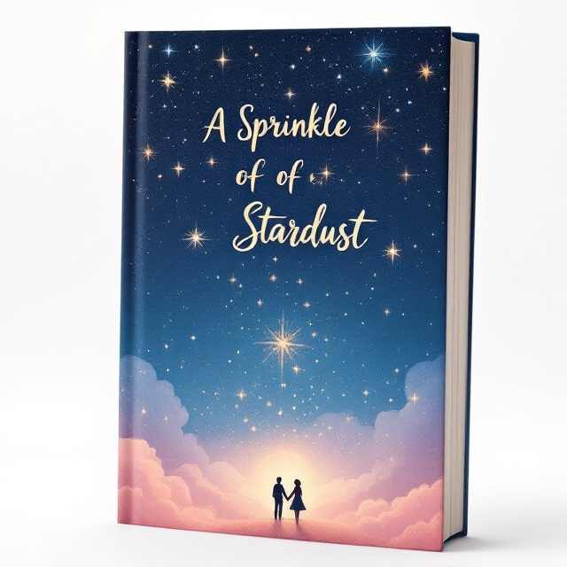 The cover features a whimsical collage of shimmering stars scattered across a night sky, with faint hints of pastel-colored clouds. At the center, a small figure of a couple is holding hands, surrounded by a delicate halo of light to create a dreamy ambiance. The bottom half of the cover gradually transitions from deep blue to a softer pink hue, mimicking a twilight gradient.