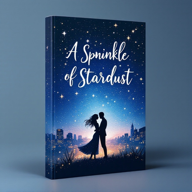 A dreamy night sky filled with twinkling stars stretching across the top of the cover, fading into a softly illuminated cityscape at the bottom. In the foreground, a whimsical silhouette of a couple dancing under the stars, surrounded by a gentle sprinkle of shimmering stardust swirling around them, creating a sense of magic and romance.